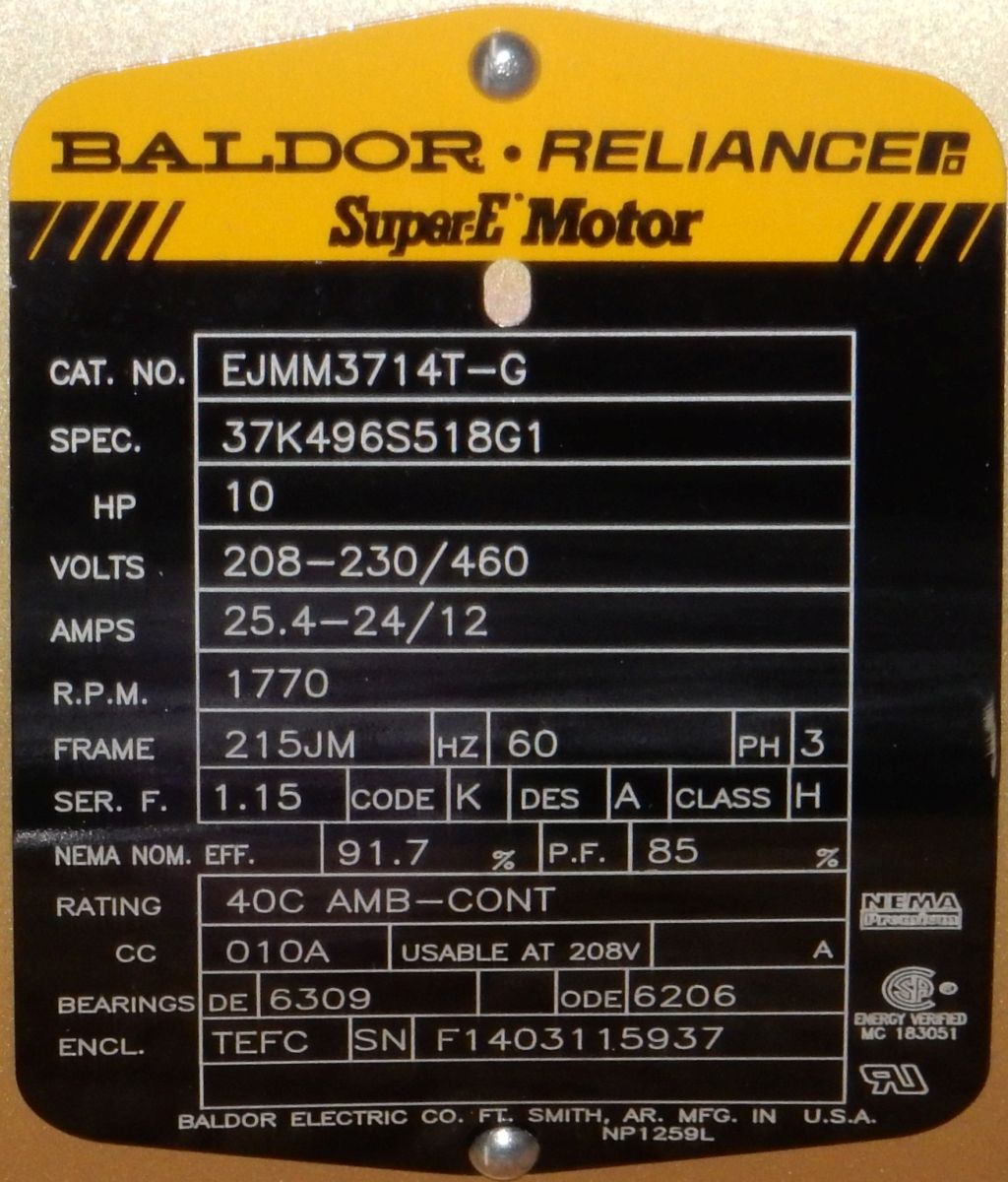 Baldor, EJMM3714TG, 10 HP, 1800 RPM, 208230/460 Volts, 3 PH, TEFC