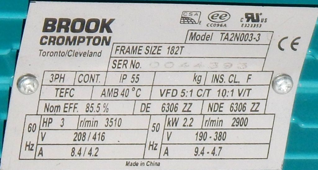 BROOK CROMPTON 3 HP 3600 RPM TEFC 208/416 VOLTS 182T FRAME 3 PH MOTOR TA2N003-3 