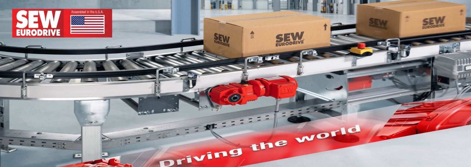 SEW-Eurodrive red gearmotor on a package conveyor